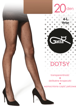 Transparentne rajstopy Gatta DOTSY 20 den, beżowe w kropki, wzmocniona część palcowa, na modelce i z opakowaniem.