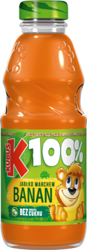 Kubuś K 100% sok jabłko-marchew-banan bez cukru, pomarańczowa butelka z zieloną etykietą i misiem, widok przód.