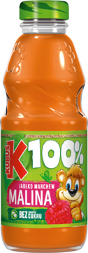 Kubuś 100% sok jabłko marchew malina bez cukru, w profilowanej butelce, widok z przodu, zielona etykieta z misiem.