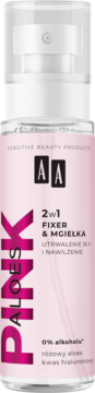 AA Pink Aloes 2w1 fixer i mgiełka w przezroczystej butelce z różową etykietą, widok z przodu.