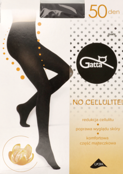 Opakowanie czarnych rajstop Gatta 50 den antycellulitowych, z grafiką nóg w rajstopach i przekrojoną pomarańczą.