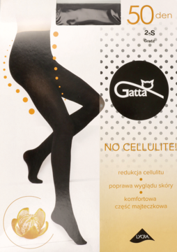 Czarne rajstopy Gatta 50 den, antycellulitowe, na białym opakowaniu z grafiką nóg i napisem 'NO CELLULITE!'.