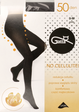 Opakowanie rajstop Gatta 50 den No Cellulite, czarne, z rysunkiem nóg i mandarynką. Hasła dot. cellulitu.