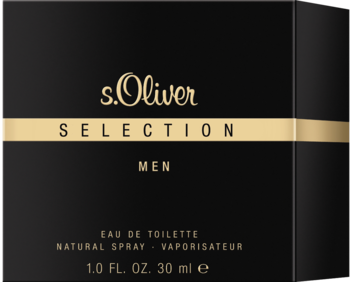 Czarne, matowe pudełko perfum s.Oliver Selection Men Eau de Toilette 30ml ze złotym pasem, widok z przodu.
