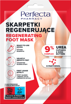Skarpetki regenerujące Perfecta Pharmacy z 9% mocznikiem, masłem shea, w czerwono-białym opakowaniu, widok z przodu.