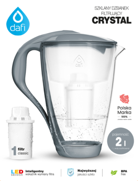 Szklany dzbanek filtrujący Dafi Crystal w kolorze szarym, z filtrem Classic i wskaźnikiem LED, widok z przodu.