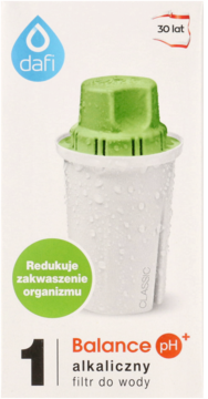 Dafi Balance pH+ alkaliczny filtr do wody Classic, biały z zieloną górą, widoczny przez białe pudełko.