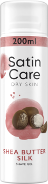 Biały żel do golenia Satin Care Dry Skin Shea Butter Silk 200ml z orzechami shea, do suchej skóry, widok z przodu.