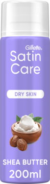 Fioletowy żel do golenia Gillette Satin Care Dry Skin Shea Butter, 200ml. Front, masło shea na etykiecie.