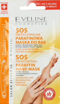 Eveline SOS Professional Paraffin Hand Mask, pomarańczowo-biała saszetka, z ikoną efektu rozgrzewającego.
