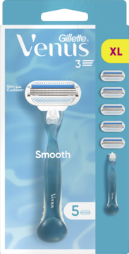 Gillette Venus 3 Smooth maszynka dla kobiet XL: rączka i 5 ostrzy. Jasnoniebieskie opakowanie, widok z przodu.
