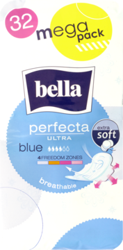 Opakowanie Bella Perfecta Ultra Blue ultracienkie podpaski, 32 sztuki mega pack, niebieskie z napisem 'extra soft'.