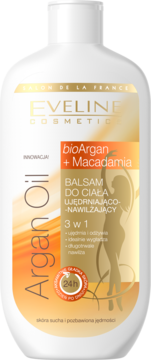 Eveline bioArgan+Macadamia, balsam ujędrniająco-nawilżający do ciała w białej butelce, widok z przodu.