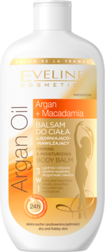 Biała butelka Eveline Argan + Macadamia Firming Body Balm z pomarańczowo-złotą etykietą i napisem '24h', widok z przodu.