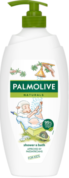 Biała butelka żelu Palmolive Naturals For Kids z zieloną pompką, z rysunkiem baranka, 95% składników naturalnych.