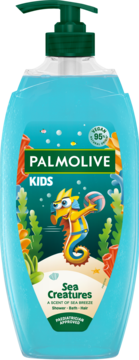 Palmolive Kids żel pod prysznic 3w1 Sea Creatures, błękitna butelka z pompką, konik morski, zapach morskiej bryzy.