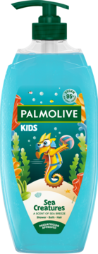 Palmolive Kids żel pod prysznic 3w1 Sea Creatures, błękitna butelka z pompką, konik morski, zapach morskiej bryzy.
