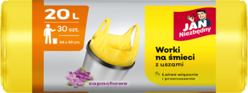Opakowanie żółtych worków na śmieci Jan Niezbędny 20L, 30 sztuk, zapachowe, z uchwytami do wiązania.