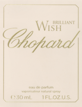 Front eleganckiego, kremowego opakowania wody perfumowanej Chopard Brilliant Wish 30ml ze złotymi napisami.
