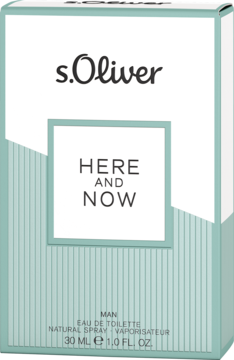 s.Oliver HERE AND NOW męska woda toaletowa, 30ml, pudełko miętowe w paski, widok z przodu.