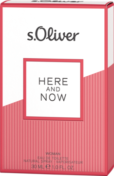 s.Oliver HERE AND NOW woda toaletowa 30ml, różowe pudełko z białym panelem i napisem, widok z przodu.