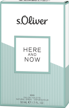 s.Oliver HERE AND NOW, męska woda toaletowa, jasnozielono-białe pudełko 50ml z pionowymi paskami.