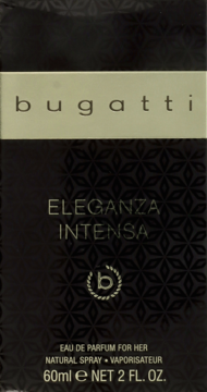 Bugatti Eleganza Intensa Eau de Parfum 60ml w ciemnym, eleganckim opakowaniu ze złotymi napisami.