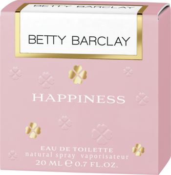 Betty Barclay Happiness Eau de Toilette w różowym pudełku ze złotymi koniczynkami, widok z przodu.