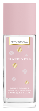 Dezodorant Betty Barclay Happiness 75ml, różowa etykieta ze złotymi wzorami, widok z przodu.