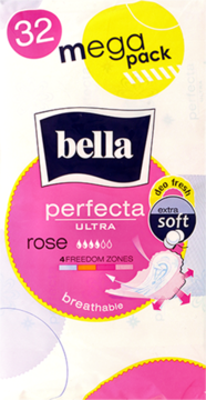 Opakowanie Bella Perfecta Ultra Rose 32 mega pack, ultracienkie podpaski, widok z przodu.