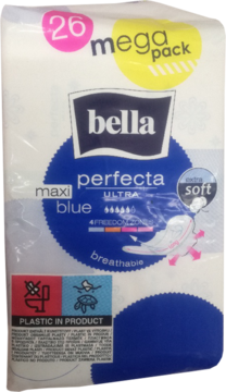 Białe opakowanie podpasek Bella Perfecta Maxi Blue Ultra 26 sztuk. Niebieski wzór, napisy 'extra soft', 'mega pack', widok z przodu.