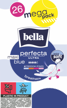 Opakowanie podpasek Bella Perfecta Ultra Maxi Blue, 26 szt. mega pack, widok z przodu, z napisem extra soft.