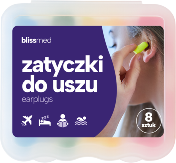 Kolorowe zatyczki do uszu Blissmed, 8 sztuk, w przeźroczystym pudełku z dłonią, widok z przodu.