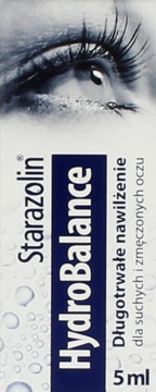 Starazolin HydroBalance, nawilżające krople do oczu 5ml. Białe opakowanie z grafiką oka i kropel wody.