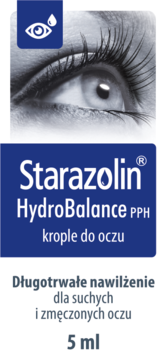 Starazolin HydroBalance krople do oczu 5 ml. Niebiesko-białe opakowanie z okiem, na suche i zmęczone oczy.