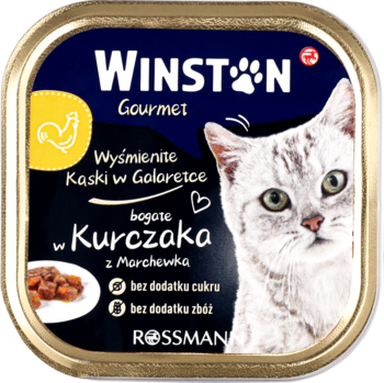 Winston Gourmet karma dla kota z kurczakiem i marchewką, złota tacka z etykietą z białym kotem, widok z góry.