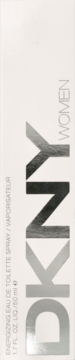 Białe pudełko DKNY Energizing Eau de Toilette Spray dla kobiet 50ml, widok z przodu, pionowy napis.