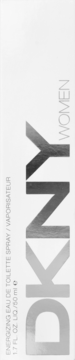 Opakowanie DKNY Women Energizing Eau de Toilette 50ml, białe, z dużym logo i napisem WOMEN. Widok z przodu.