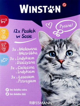 Winston karma dla kota, 12x 100g, posiłki w sosie: wołowina, indyk, cielęcina, łosoś. Kot na fioletowym opakowaniu.