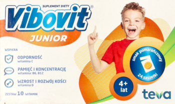 Biało-pomarańczowe opakowanie suplementu Vibovit Junior dla dzieci 4+, z uśmiechniętym chłopcem. Widok z przodu.