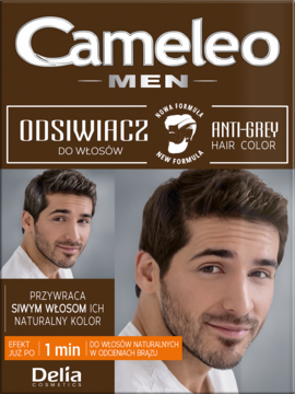 Cameleo MEN odsiwiacz do włosów w brązowym pudełku, z wizerunkiem mężczyzny i napisem 'Anti-Grey Hair Color'.