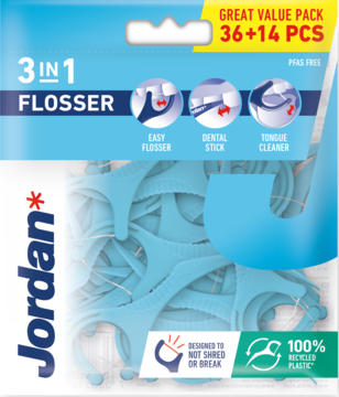 Opakowanie Jordan 3 w 1 Flosser, niebiesko-białe, zawiera 50 sztuk nici, wykałaczek i czyścików.