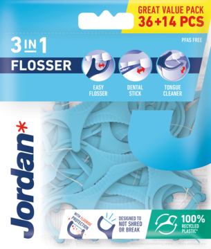 Jordan 3 in 1 Flosser: niebieskie opakowanie z 50 sztukami, nicią, wykałaczką i czyścikiem do języka.