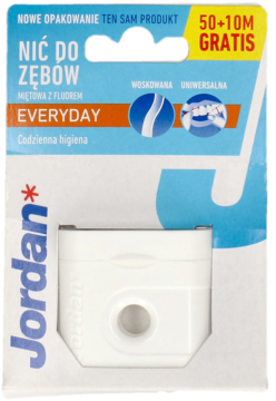 Jordan Everyday woskowana nić dentystyczna 50+10m, miętowa z fluorem, w białym opakowaniu, widok z przodu.