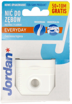 Jordan Everyday woskowana nić dentystyczna 50+10m, miętowa z fluorem, w białym opakowaniu, widok z przodu.