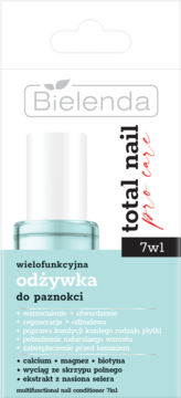 Bielenda Total Nail Pro Care 7w1 odżywka do paznokci w biało-niebieskim opakowaniu, butelka z jasnoniebieskim płynem, widok z przodu.