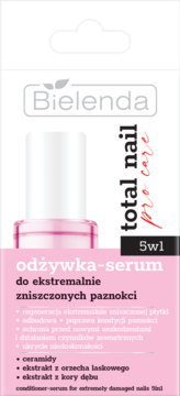 Bielenda Total Nail Pro Care odżywka-serum do ekstremalnie zniszczonych paznokci 5w1, różowo-białe opakowanie, widok z przodu.