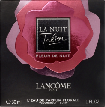 Lancome La Nuit Trésor Fleur de Nuit woda perfumowana 30ml, czarne pudełko z różowymi kwiatami, widok z przodu.