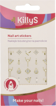 KillyS Nail art stickers, złote i srebrne naklejki biżuteryjne z cyrkoniami w białym opakowaniu, widok z przodu.