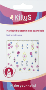 Opakowanie KillyS Salon Results z naklejkami na paznokcie. Widoczne są kolorowe kwiaty, złote i srebrne zdobienia.